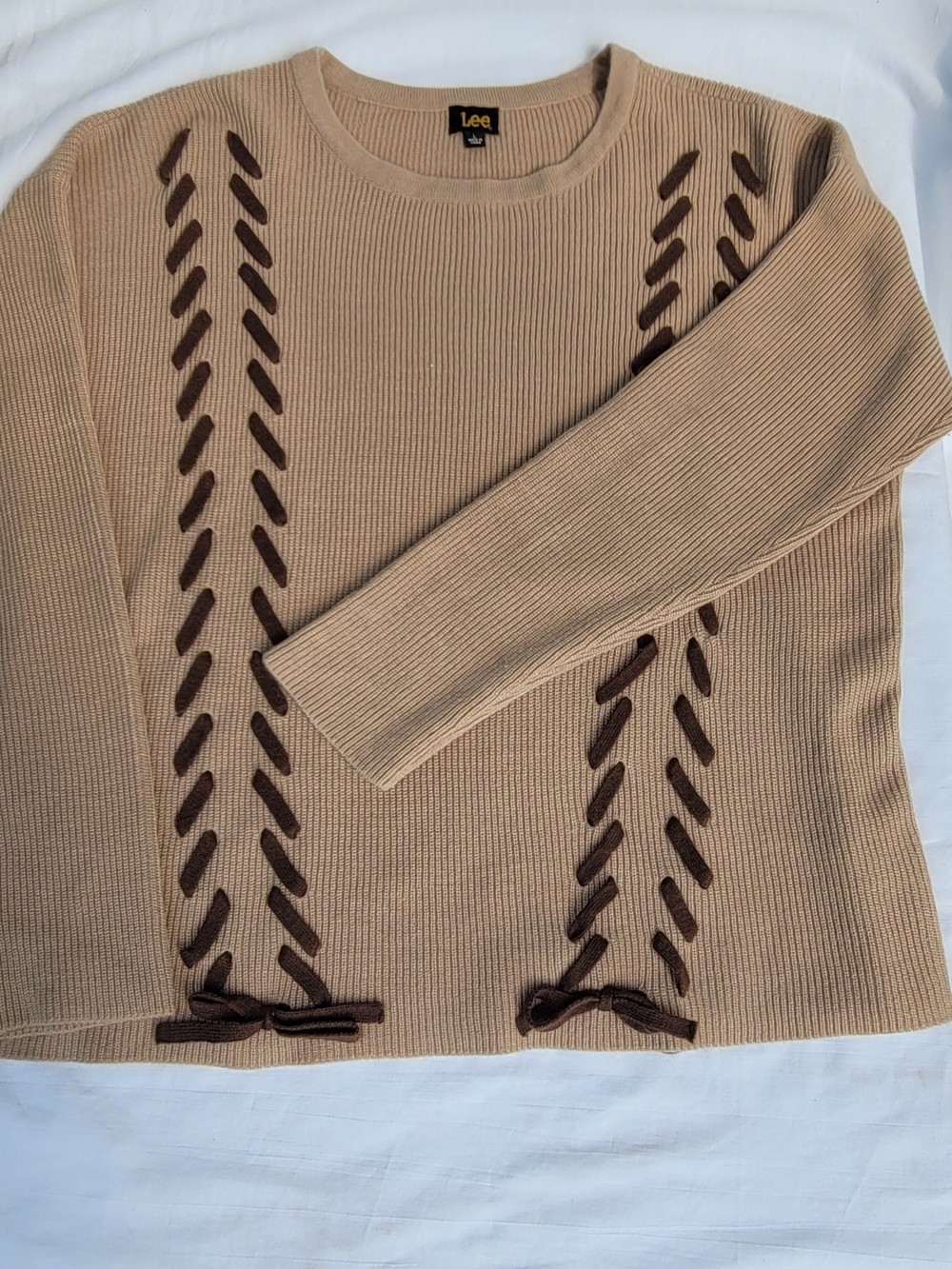 Lee Beige Ribbed Crewneck Sweater with Brown Lace-Up Accents